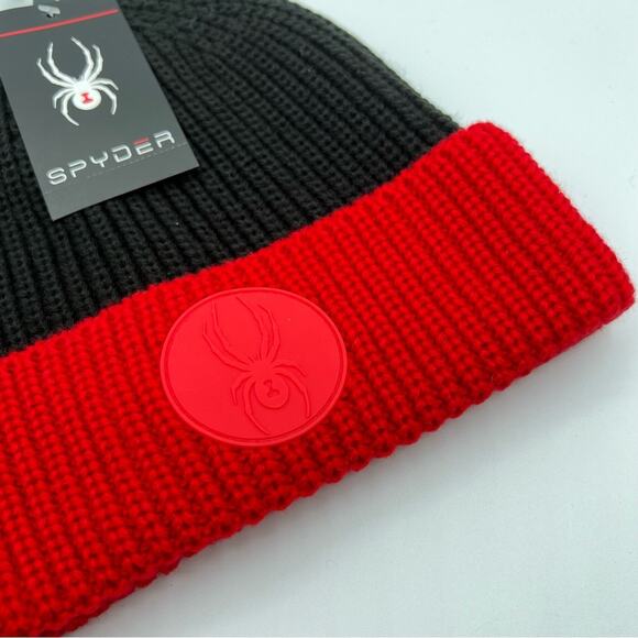Spyder Colorblock Black Red Knit Beanie Heat Men’s One Size - Picture 2 of 5